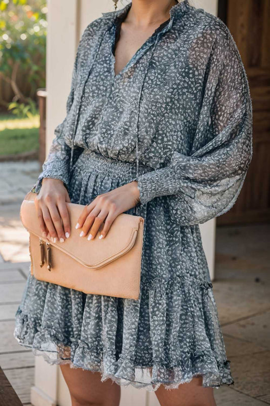 loose leopard print v neck dress drop shoulder a line closed cape paneled 108912