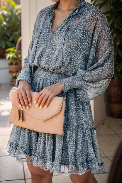 loose leopard print v neck dress drop shoulder a line closed cape paneled 105806