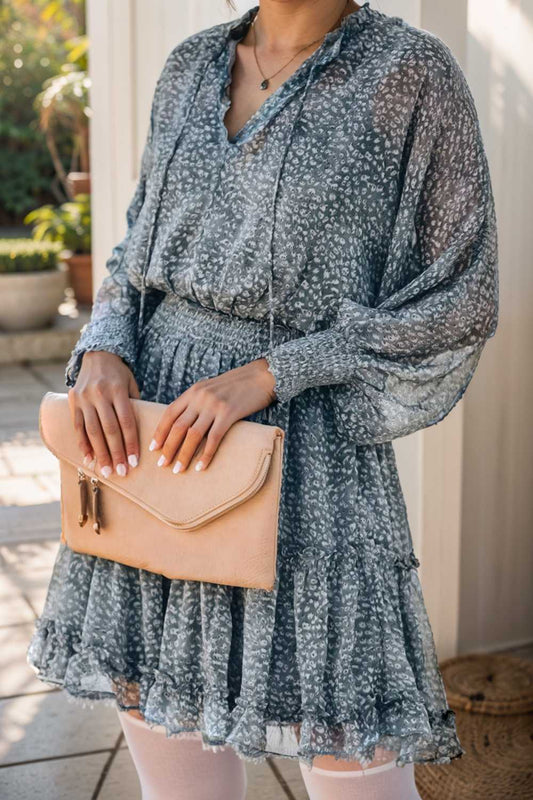 loose leopard print v neck dress drop shoulder a line closed cape paneled 105804