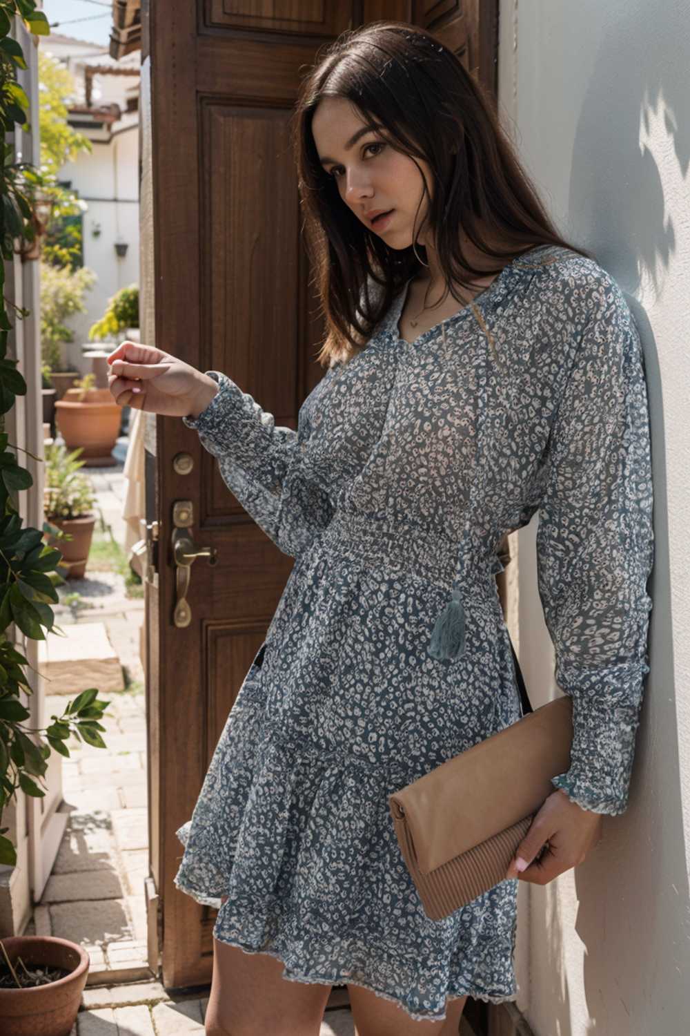 loose leopard print v neck dress drop shoulder a line closed cape paneled 107363