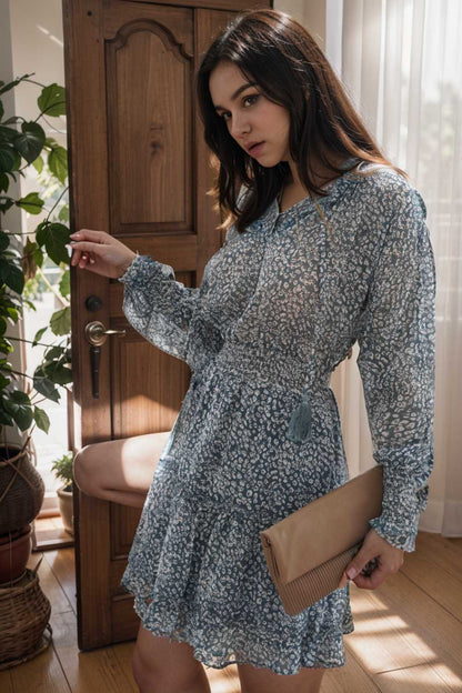 loose leopard print v neck dress drop shoulder a line closed cape paneled 108074
