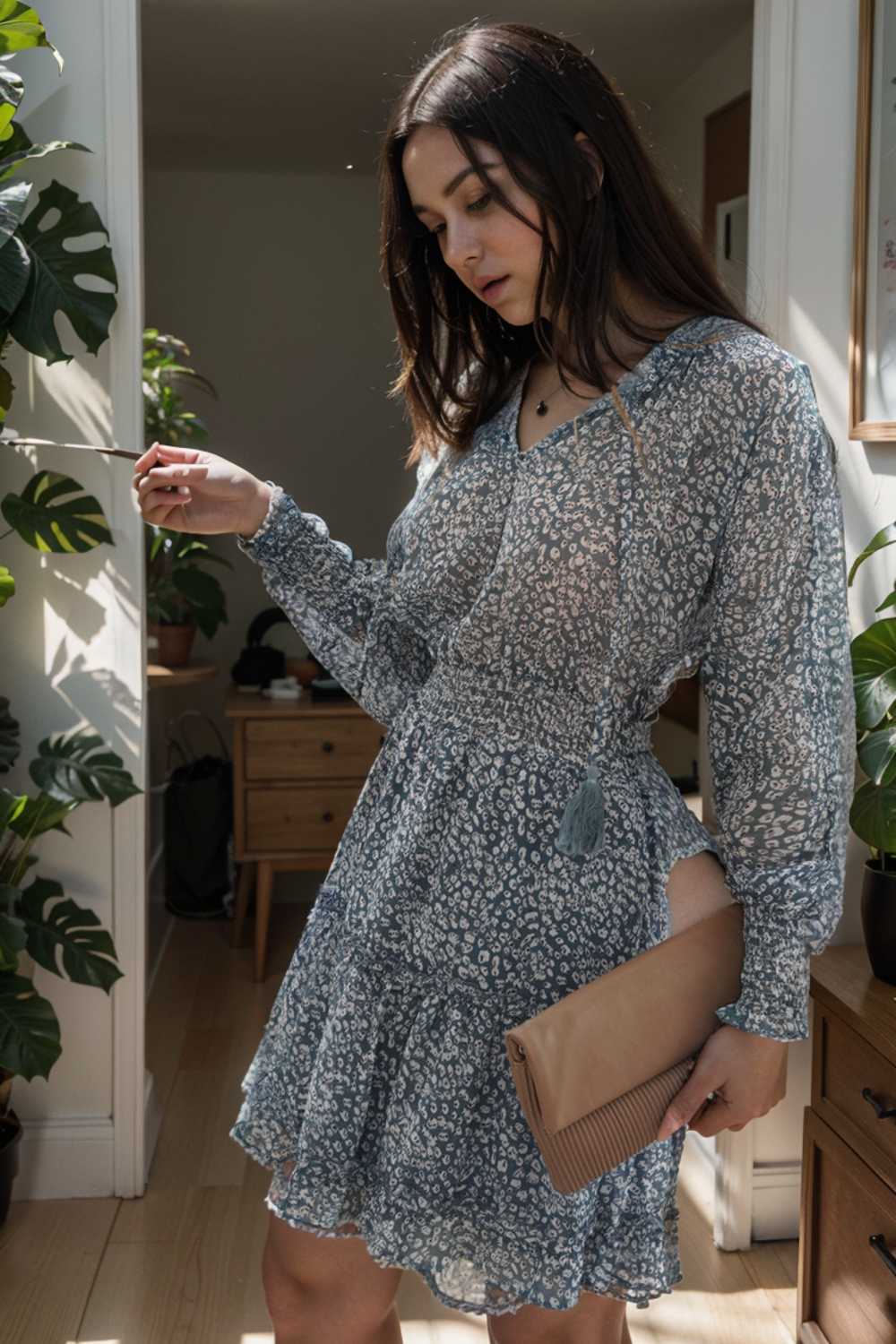 loose leopard print v neck dress drop shoulder a line closed cape paneled 131715