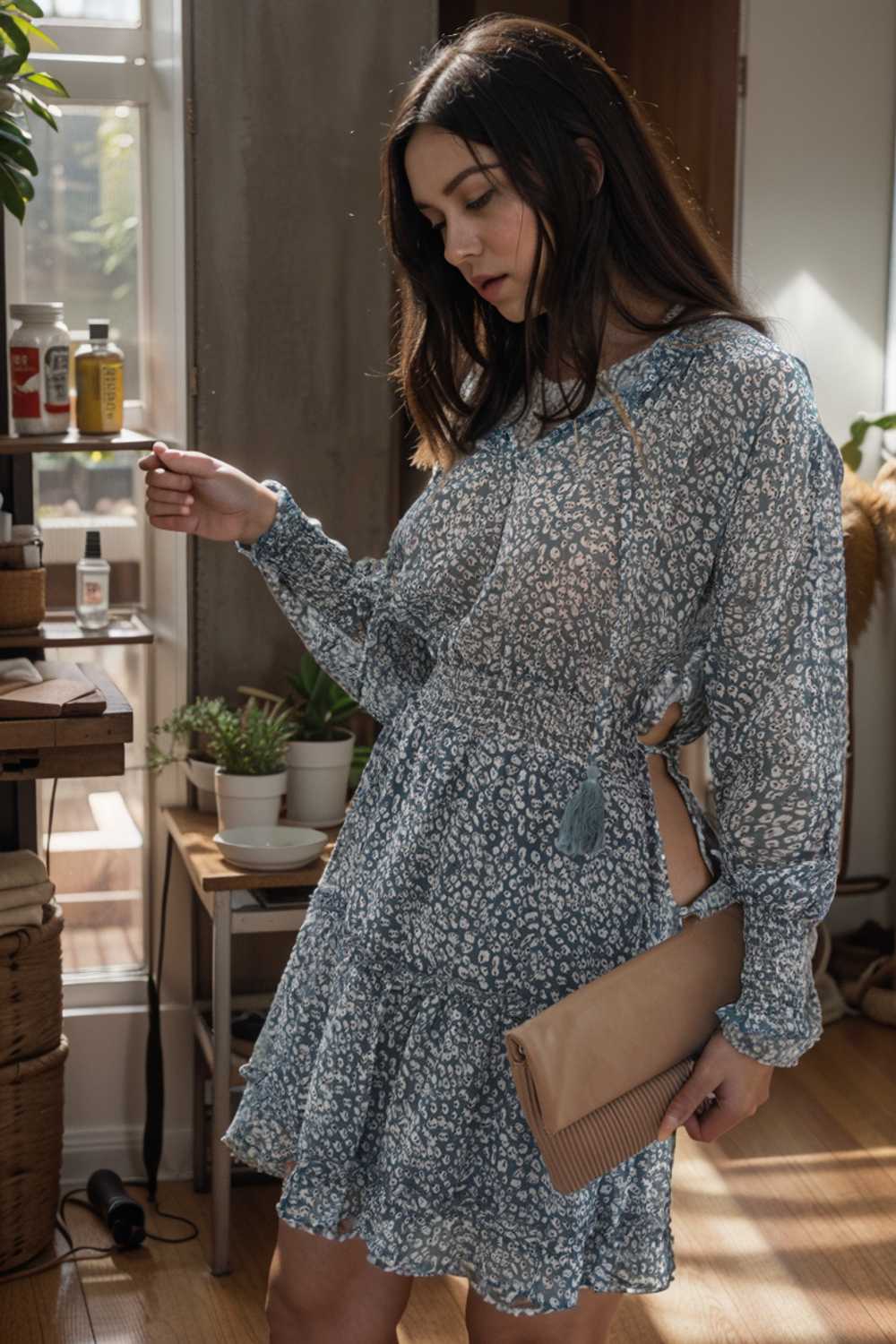 loose leopard print v neck dress drop shoulder a line closed cape paneled 110845