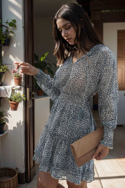 loose leopard print v neck dress drop shoulder a line closed cape paneled 109356