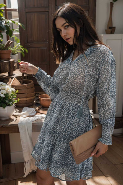 loose leopard print v neck dress drop shoulder a line closed cape paneled 105796