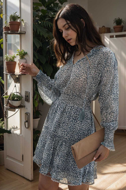 loose leopard print v neck dress drop shoulder a line closed cape paneled 124312