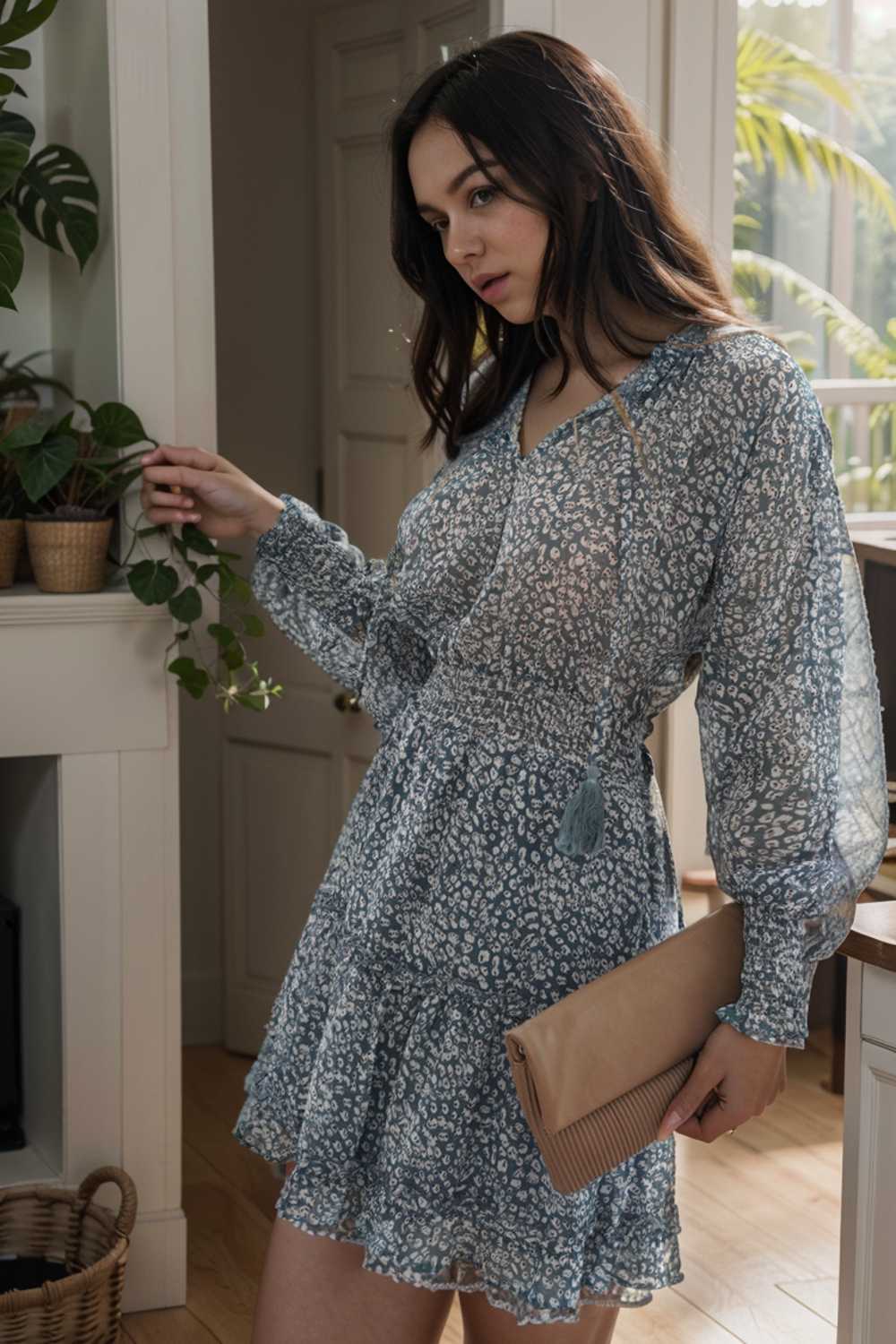 loose leopard print v neck dress drop shoulder a line closed cape paneled 131712
