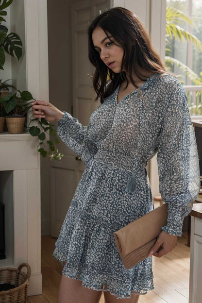 loose leopard print v neck dress drop shoulder a line closed cape paneled 131712