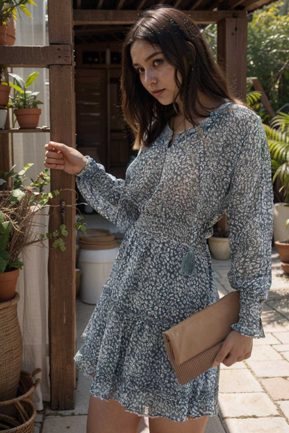 loose leopard print v neck dress drop shoulder a line closed cape paneled 130265