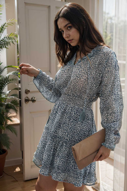 loose leopard print v neck dress drop shoulder a line closed cape paneled 130264