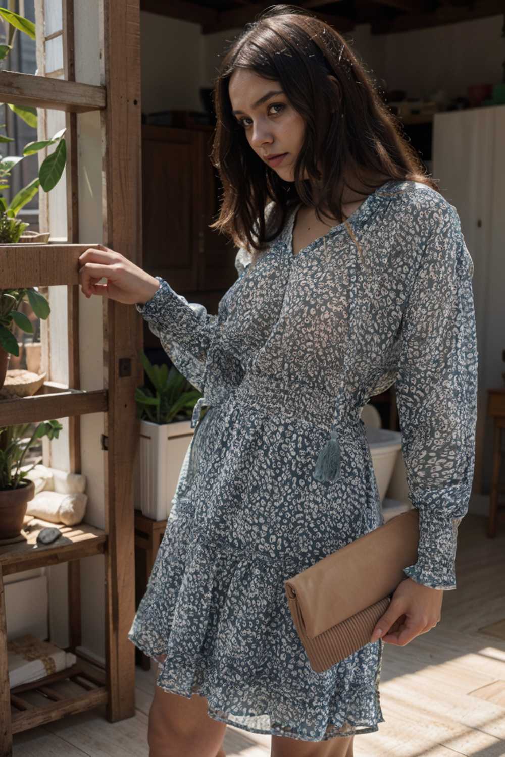 loose leopard print v neck dress drop shoulder a line closed cape paneled 109353