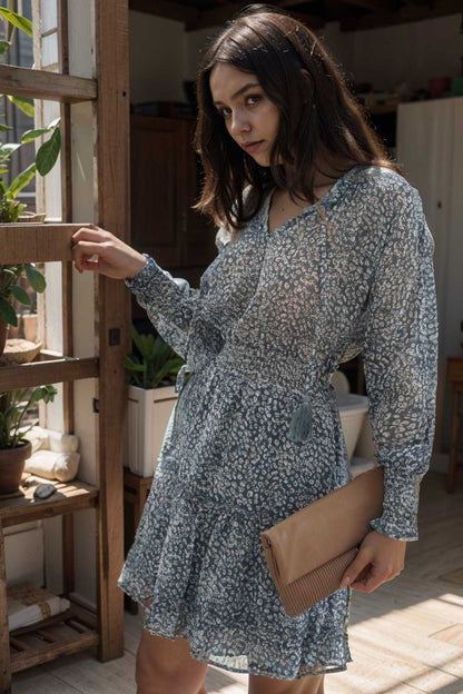 loose leopard print v neck dress drop shoulder a line closed cape paneled 109353