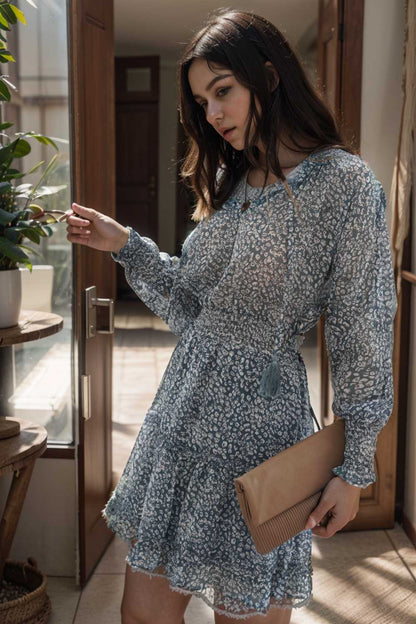 loose leopard print v neck dress drop shoulder a line closed cape paneled 105793