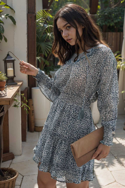 loose leopard print v neck dress drop shoulder a line closed cape paneled 130263