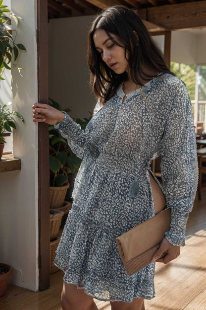 loose leopard print v neck dress drop shoulder a line closed cape paneled 138010