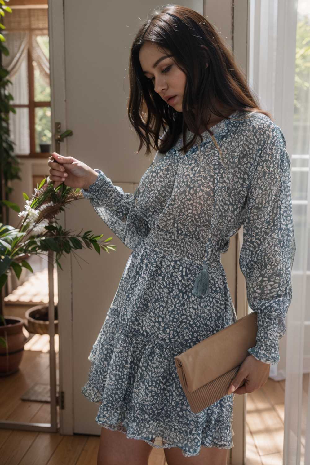 loose leopard print v neck dress drop shoulder a line closed cape paneled 131710