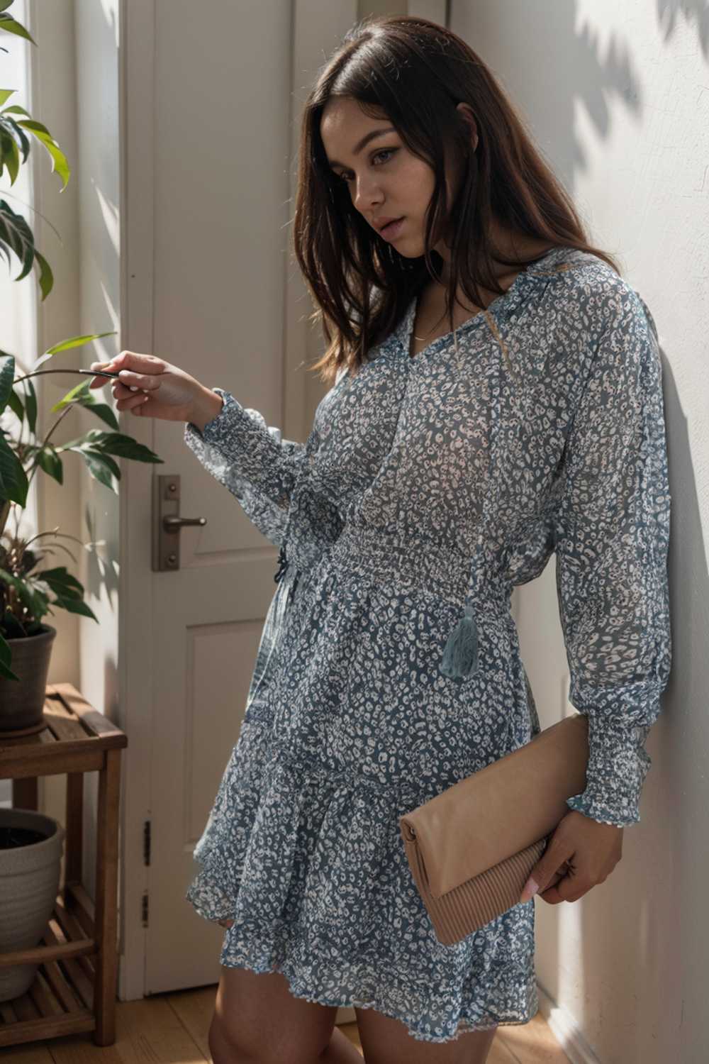 loose leopard print v neck dress drop shoulder a line closed cape paneled 131709