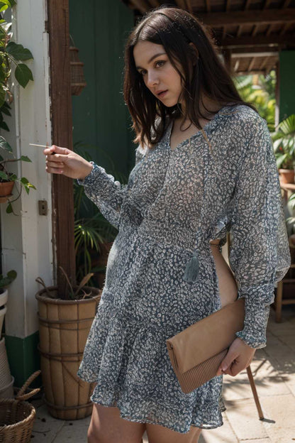 loose leopard print v neck dress drop shoulder a line closed cape paneled 124308