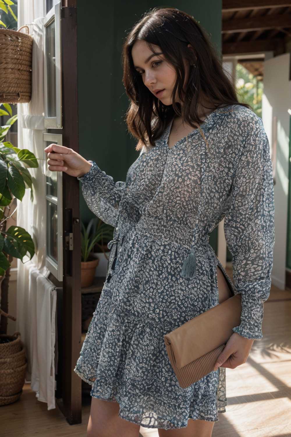 loose leopard print v neck dress drop shoulder a line closed cape paneled 105791