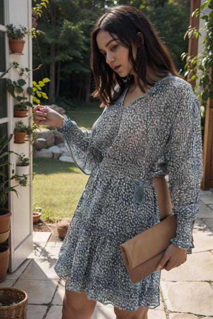 loose leopard print v neck dress drop shoulder a line closed cape paneled 131707