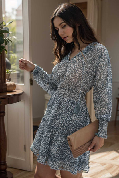 loose leopard print v neck dress drop shoulder a line closed cape paneled 105789