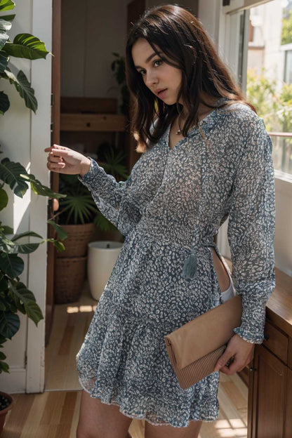 loose leopard print v neck dress drop shoulder a line closed cape paneled 125663