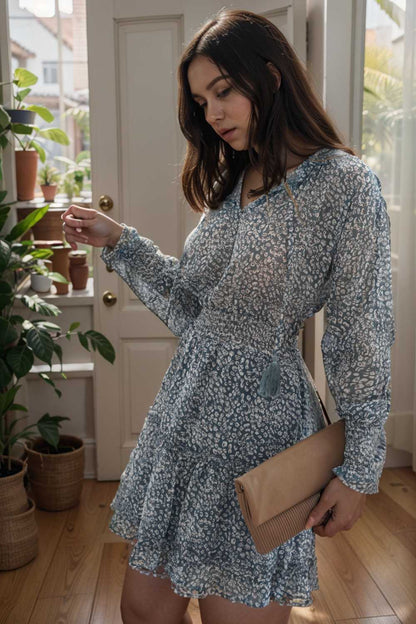loose leopard print v neck dress drop shoulder a line closed cape paneled 105787