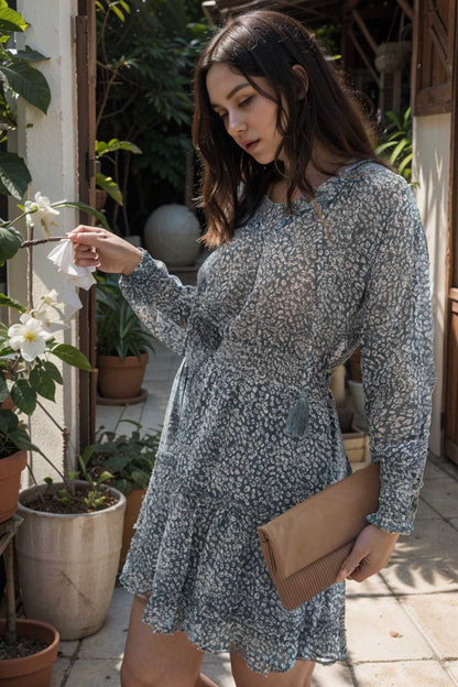 loose leopard print v neck dress drop shoulder a line closed cape paneled 125662