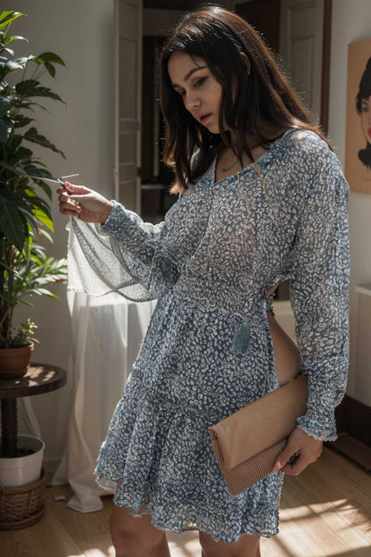 loose leopard print v neck dress drop shoulder a line closed cape paneled 131704