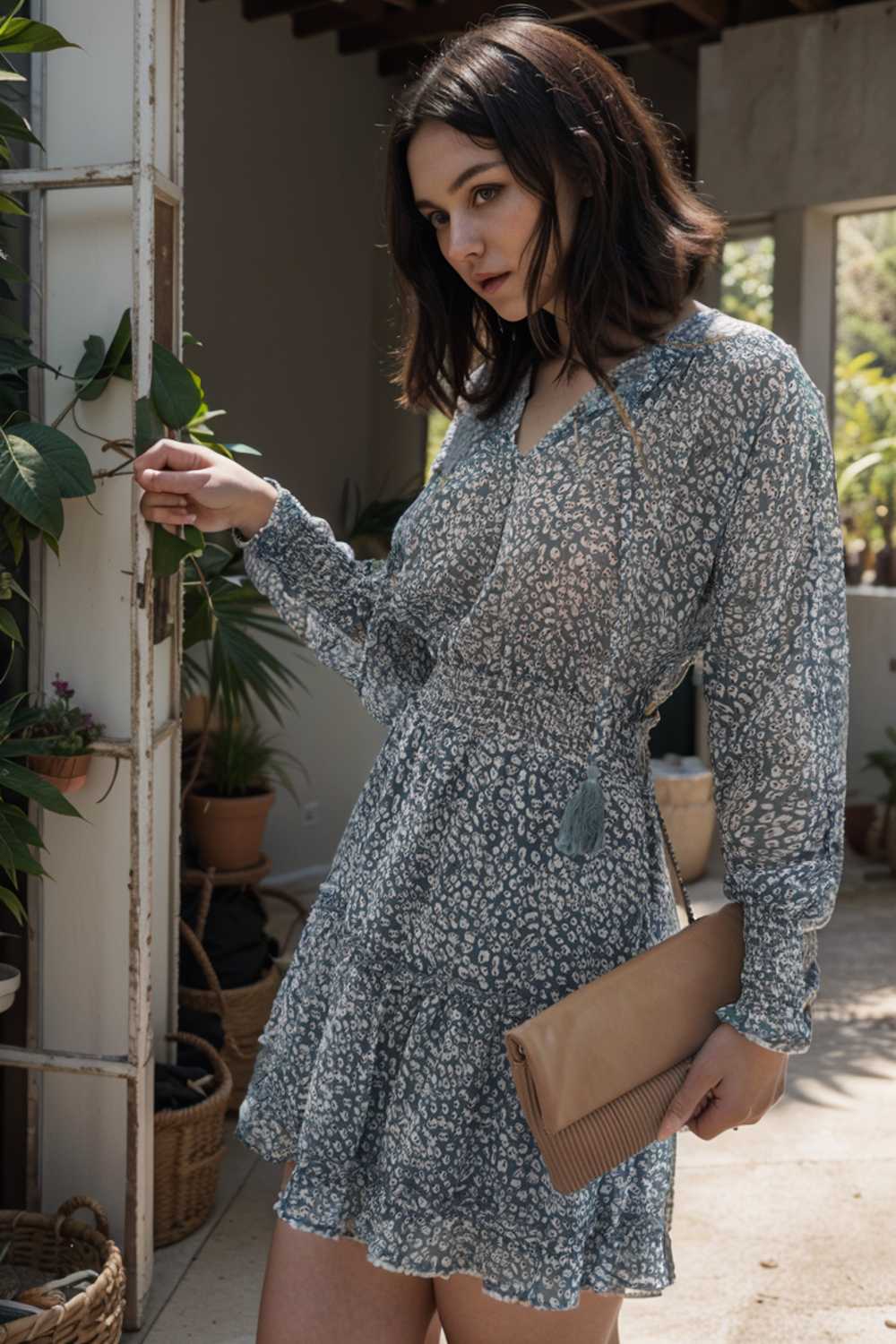 loose leopard print v neck dress drop shoulder a line closed cape paneled 105786