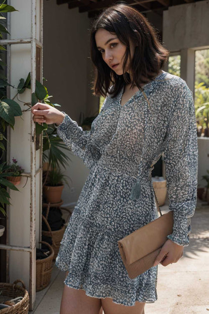 loose leopard print v neck dress drop shoulder a line closed cape paneled 105786