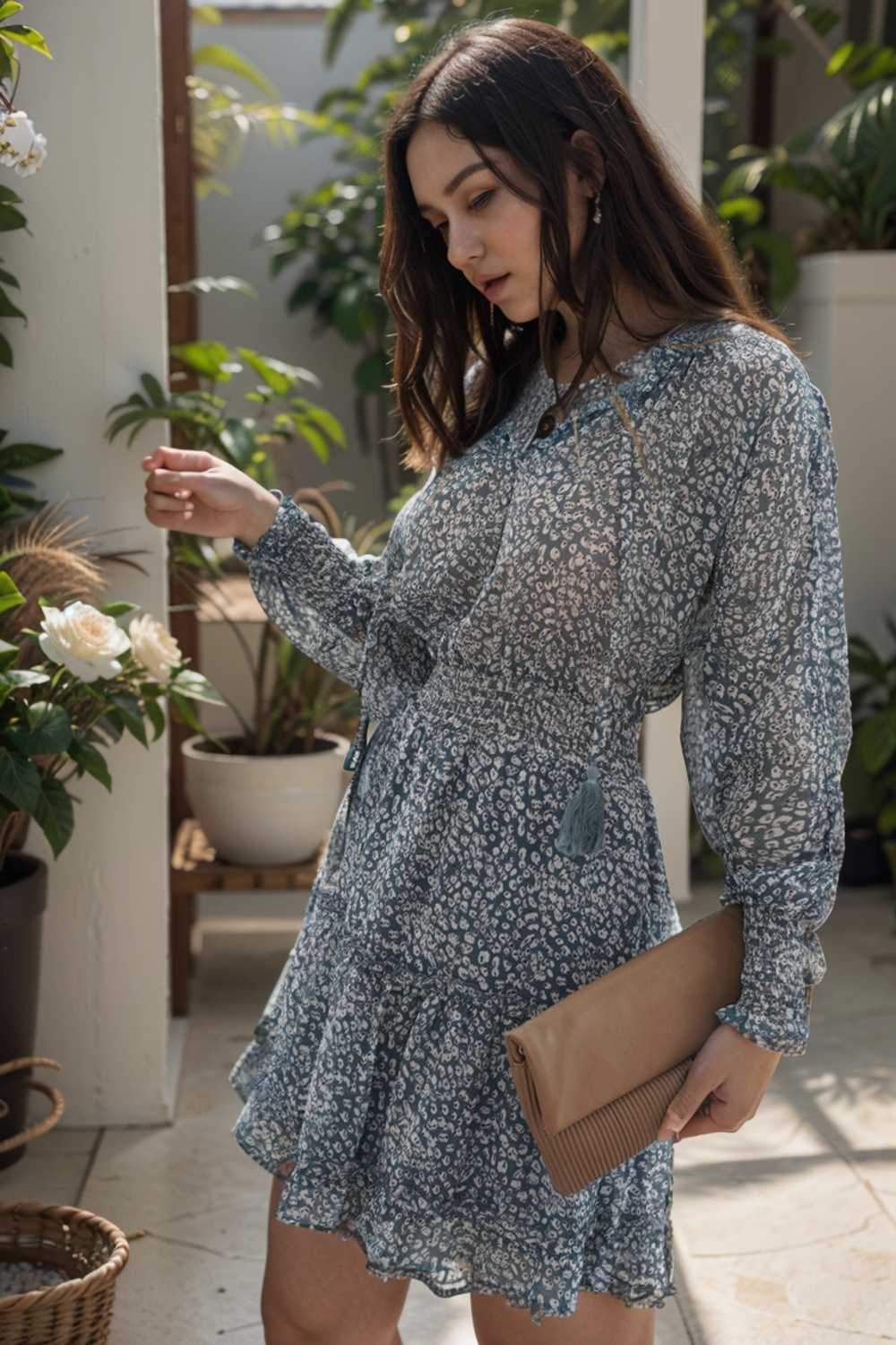 loose leopard print v neck dress drop shoulder a line closed cape paneled 105785