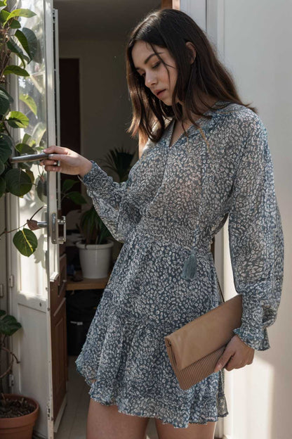 loose leopard print v neck dress drop shoulder a line closed cape paneled 111960