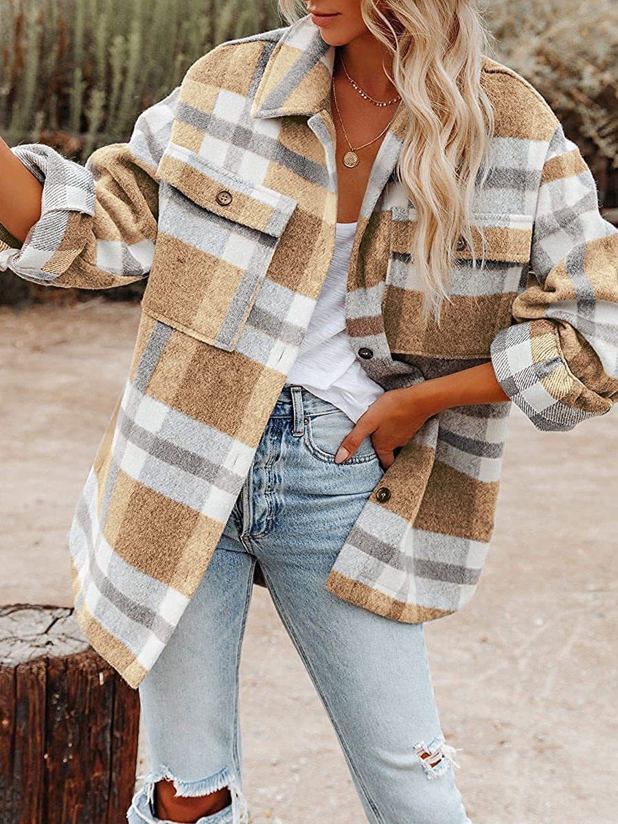 Loose Plaid Flannel Wool Lapel Coat