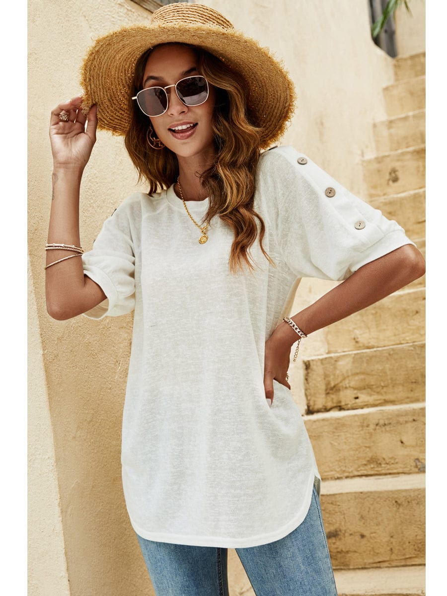 Loose Round Neck Button Casual Half-Sleeve T-Shirt