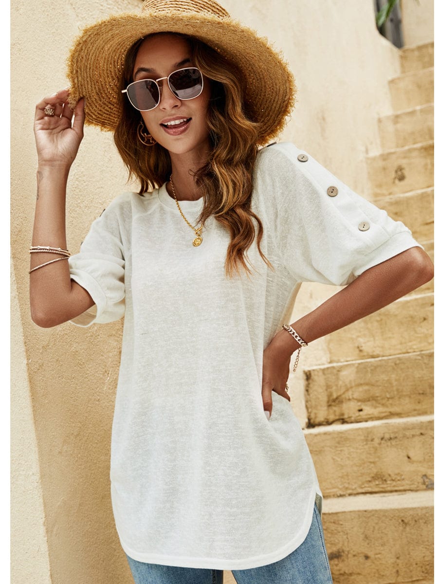 Loose Round Neck Button Casual Half-Sleeve T-Shirt