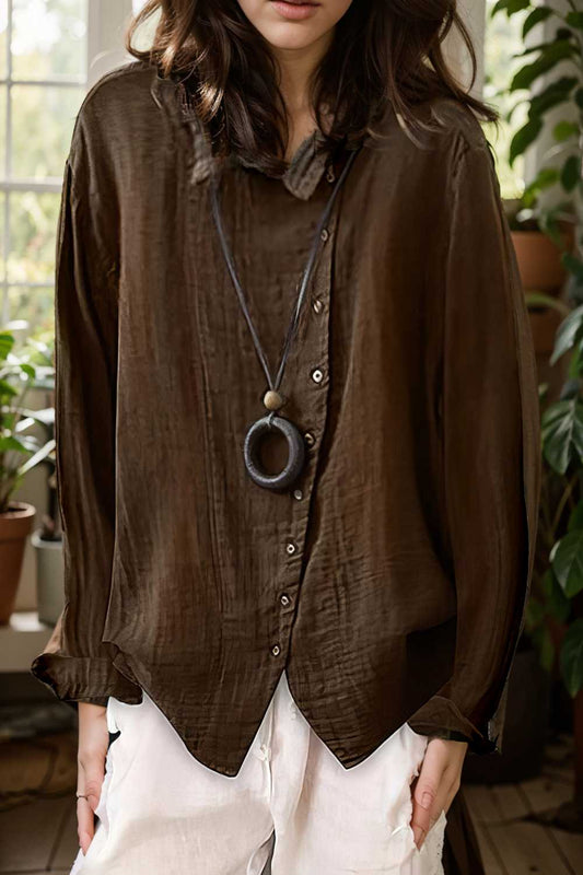 loose solid buttons long sleeves blouses 108178