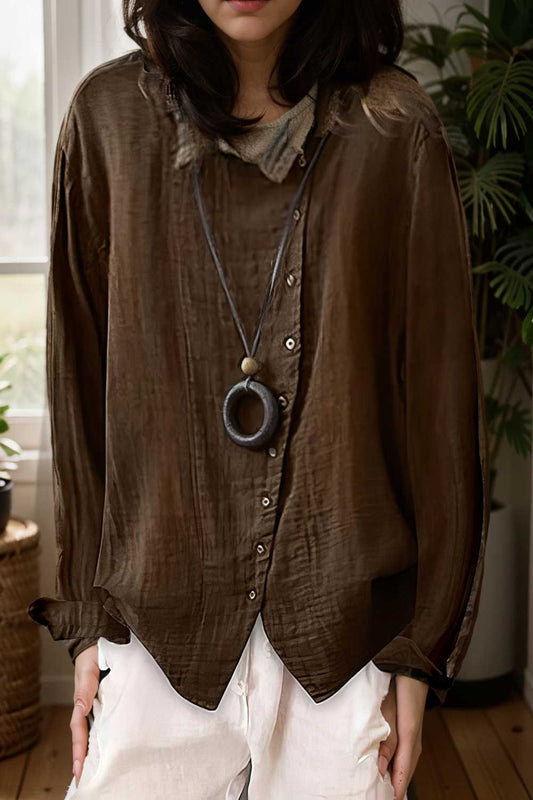 loose solid buttons long sleeves blouses 107346