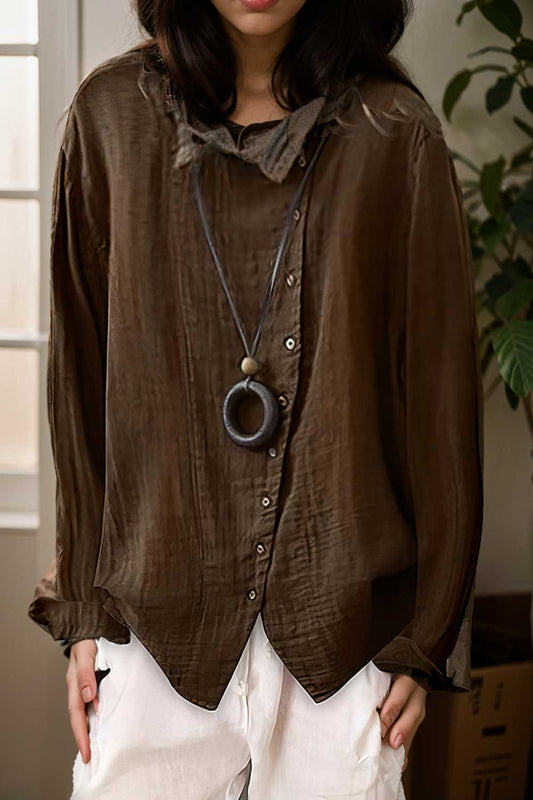 loose solid buttons long sleeves blouses 110822