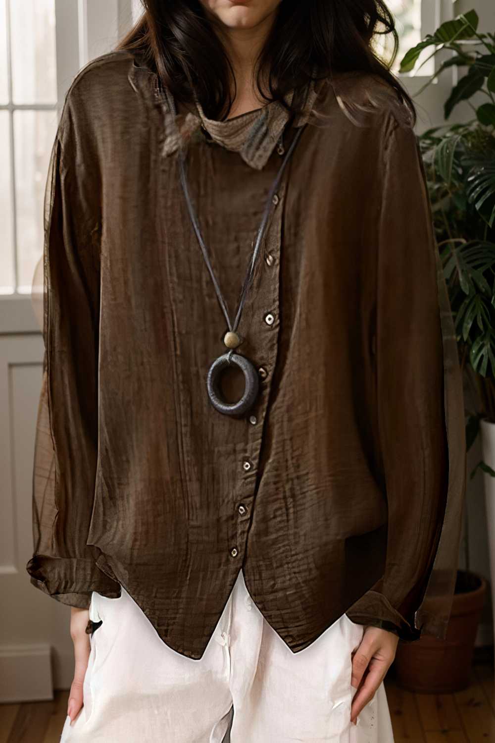 loose solid buttons long sleeves blouses 111996