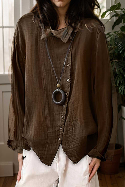 loose solid buttons long sleeves blouses 111996