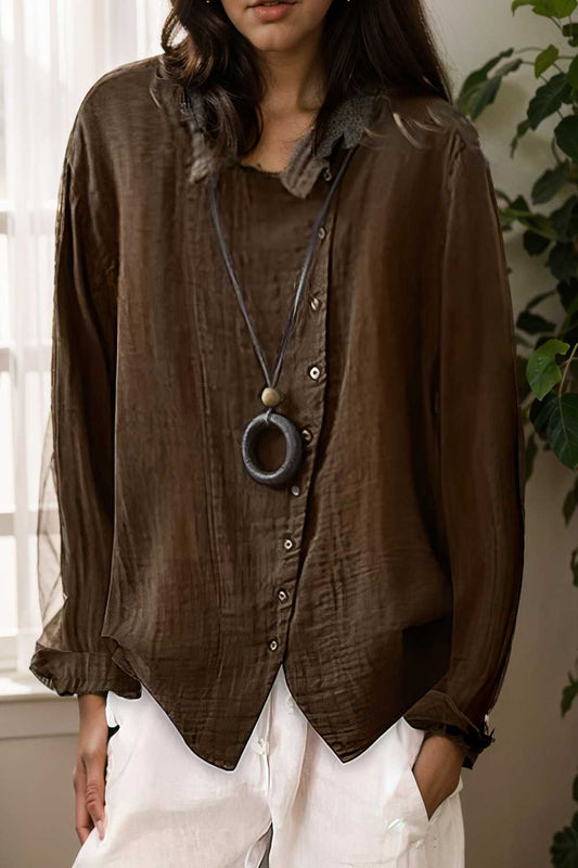 loose solid buttons long sleeves blouses 111994
