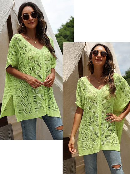 Loose Solid Color V-Neck Hollowed Short Sleeve Knitted T-Shirt