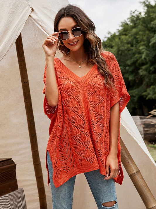 Loose Solid Color V-Neck Hollowed Short Sleeve Knitted T-Shirt