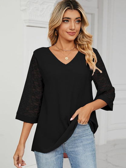 Loose V-Neck Lace Patchwork T-Shirt