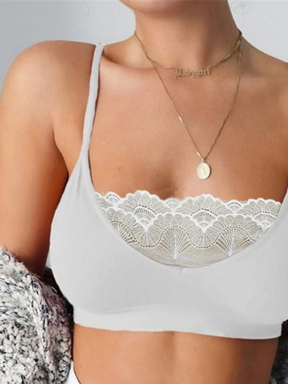 Women's Wireless Lace Bra Elastic and Breathable Lingerie Crewneck Pure Color Plus Size Cage Camisole Underwear(without pads) Pull-On Closure for Date Party & Evening Casual Daily 1PC Black White - LuckyFash™