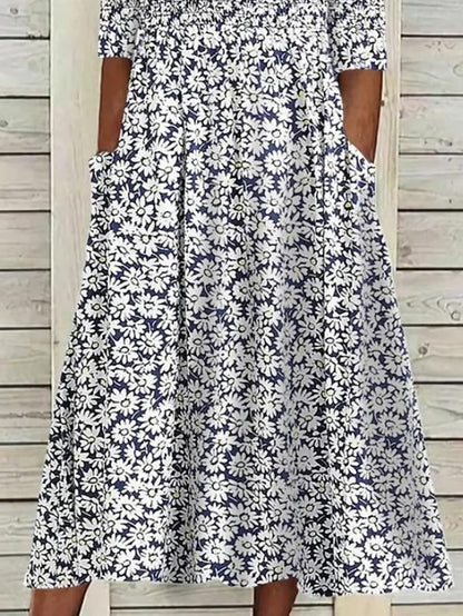 Women's Casual Dress Floral Dress Summer Dress Floral Ruched Pocket Crew Neck Midi Dress Fashion Modern Outdoor Daily Half Sleeve Regular Fit White Blue Green Summer Spring S M L XL XXL - LuckyFash™