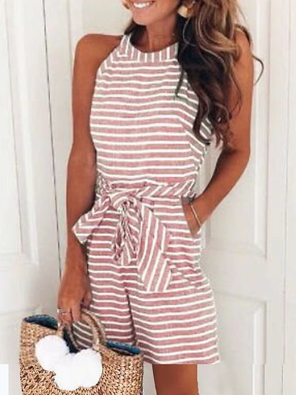 Women's Romper Patchwork Striped Halter Boho Beach Weekend Straight Regular Fit Sleeveless Sleeveless Black Pink Blue S M L Summer - LuckyFash™