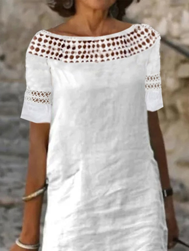 Women's Casual Dress Cotton Linen Dress Shift Dress Midi Dress Cotton Blend Basic Casual Outdoor Daily Boat Neck Patchwork Hollow Out Short Sleeve Summer Spring 2023 Loose Fit White Plain S M L XL 2XL - LuckyFash™