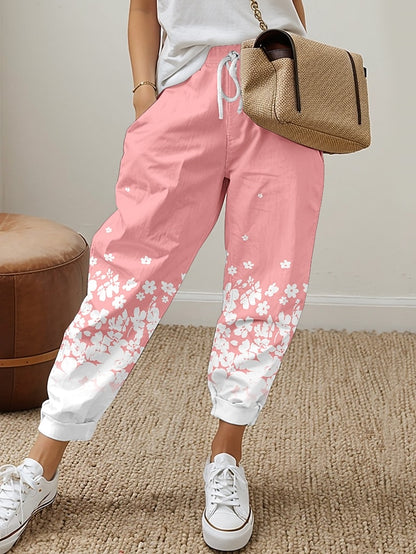 Women's Sweatpants Polyester Floral Black Pink Active Mid Waist Long Street Daily Wear Spring